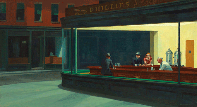 Edward-hopper-painting-night scene with people inside of a diner