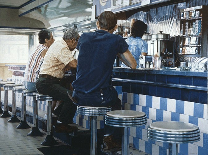 A photo-realist painting of people sitting at a diner counter with large birght window