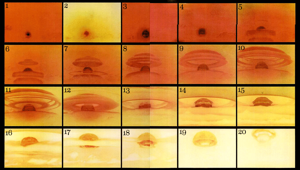 20 frames of a high speed film showing a nuclear explosion captured on Wychkoff's XR film.