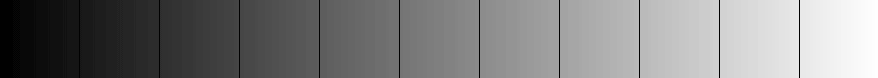 A divived gradient from pute black to pure white showing each of the eleven Zone System values.