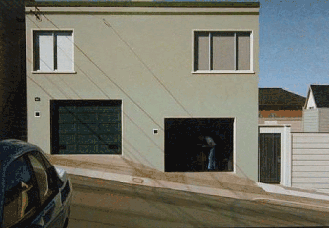 photorealist painting of a plain stucco house in San Francisco with the garage door open and a man working inside.