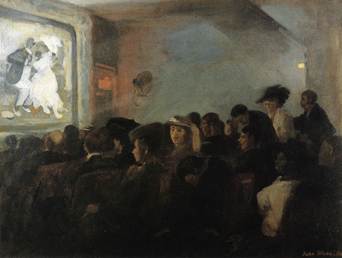 "Movies, Five Cents" by John Sloan 1907 - painting of people in an early movie theater with the movie showing on the screen.
